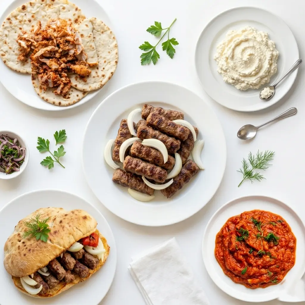 Balkan food spread at Chevapi King — chevapi plate, chicken doner, kajmak, ajvar and lepinja in Edmonton, AB