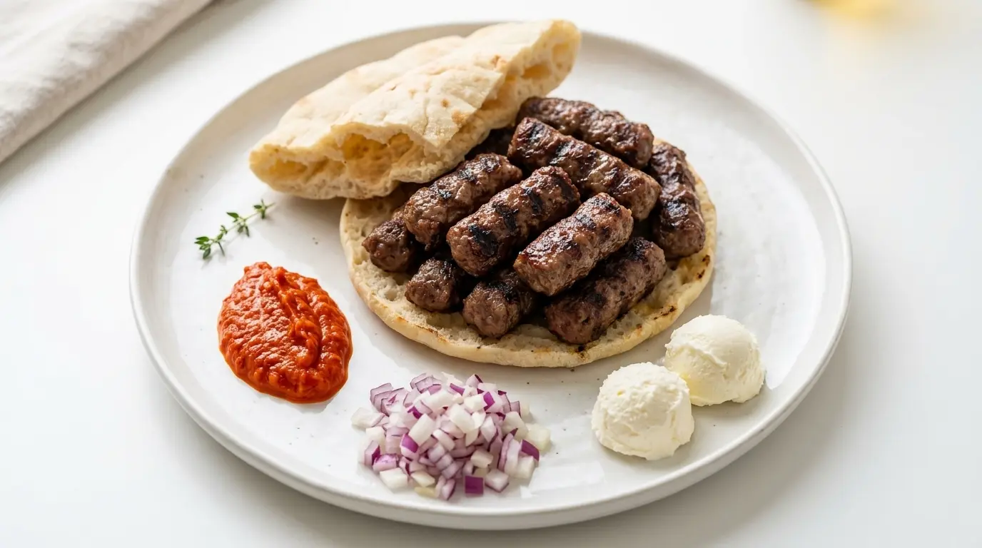 Traditional chevapi plate with lepinja, ajvar, onion and sour cream at Chevapi King Edmonton