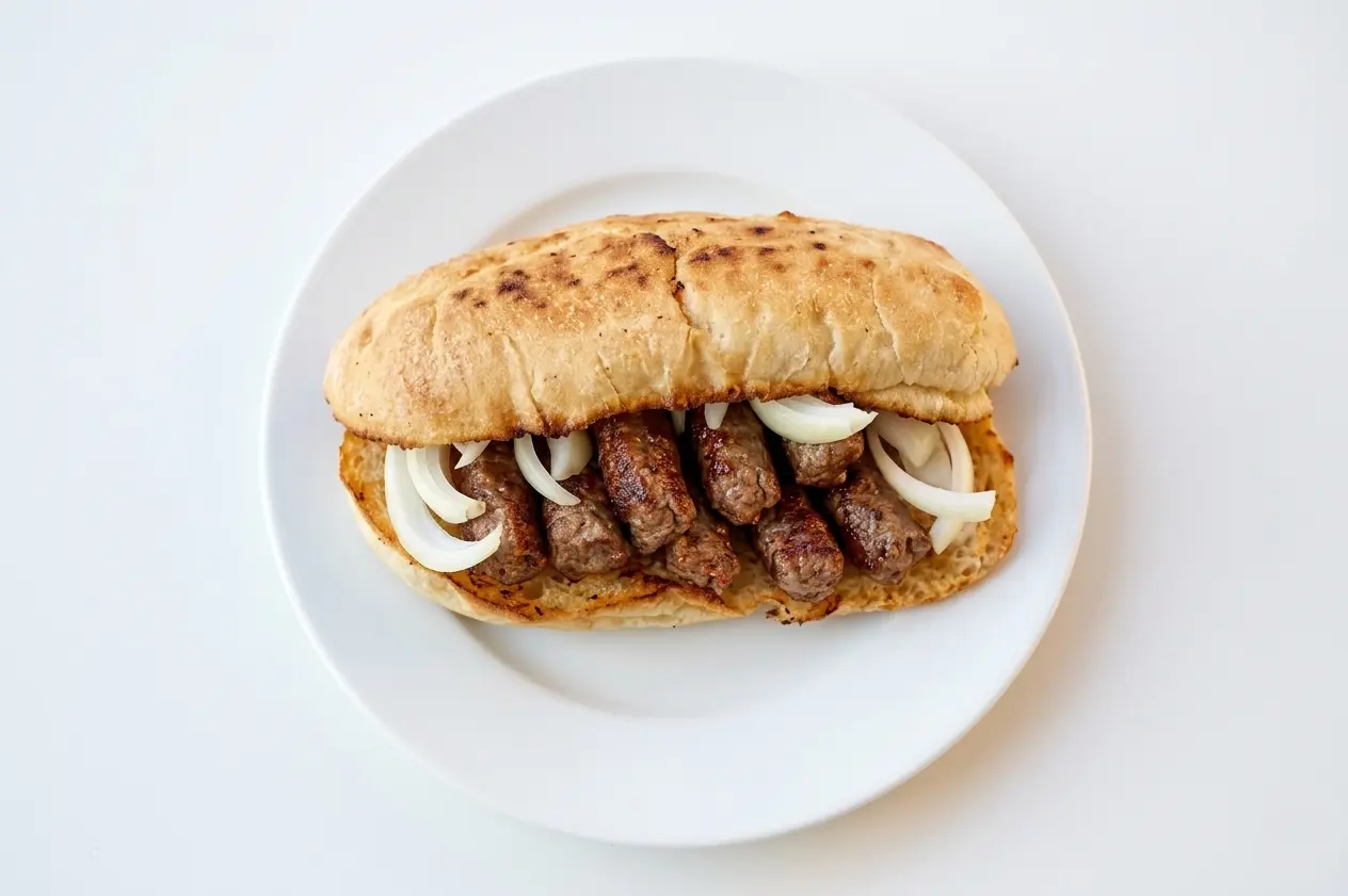 Chevapi - grilled halal Balkan sausages in fresh lepinja with ajvar, onion and sour cream at Chevapi King Edmonton