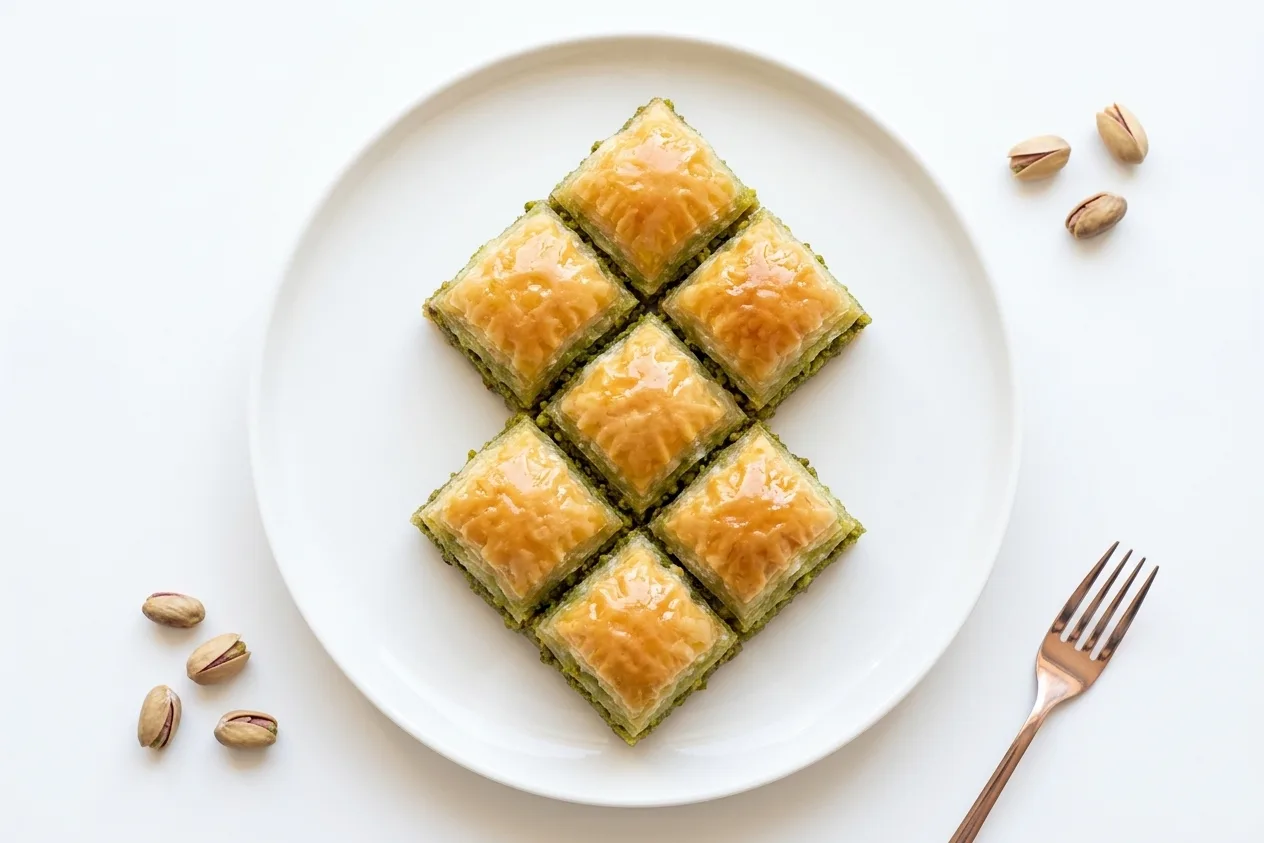 Baklava — flaky phyllo pastry with pistachios in sweet syrup at Chevapi King Edmonton